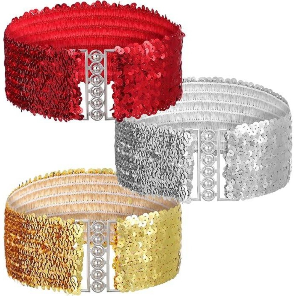 3PCS Womens Sequin Belts Glitter Belt for 70s 80s Costume Party, Disco Party